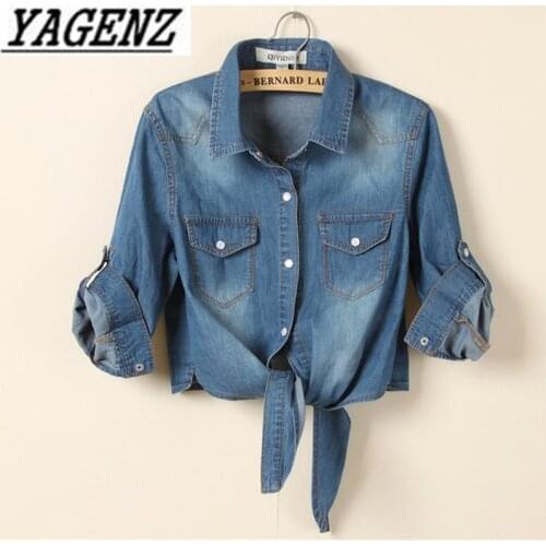 Women Shawl Denim Blouse 2020 Spring Summer Slim Lacing Jeans Jackets Vintage Thin Denim Coat Casual Female Tops Plus size 3XL