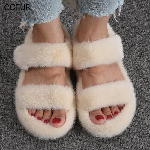 2020 Womens Fur Slippers 100% Real Mink Fur Slippers Ladies Fur Slides Flat Heel European Station Fashion Luxury Slipper S6080