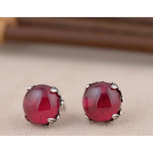 FNJ 925 Silver Earrings for Women Jewelry Pure S925 Sterling Silver Stud Earring Round Rose Corundum Black Agate
