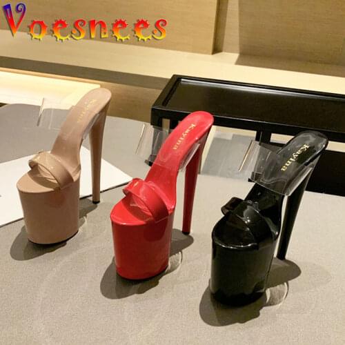 Voesnees Women Slippers Female Model T Station Catwalk Sexy Transparent Shoes 19CM Super High Heels Platform Table Sandals 2021