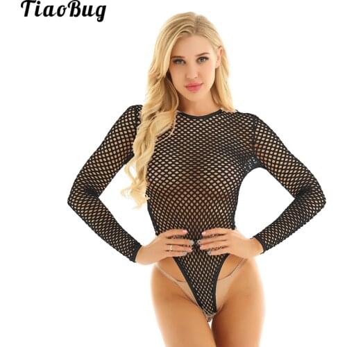 TiaoBug Women One Piece Fishnet See Through Sheer Lingerie Long Sleeve High Cut Tank Thong Leotard Jumpsuit Bodysuit