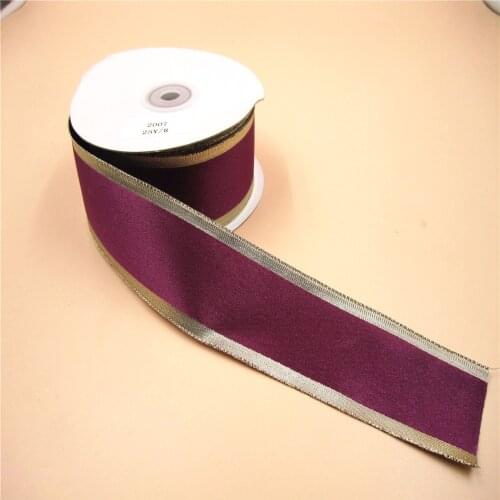 38MM Christmas Festival Wired Purple Satin Ribbon Gold Edges for Decoration New Year Gift Wrapping