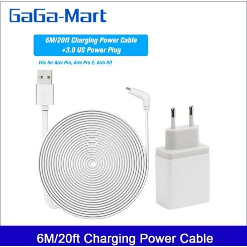 6M/20ft Charging Power Cable Fits for Arlo Pro, Arlo Pro 2, Arlo GO Weatherproof USB Cable Charging/Power Cord with Plug EU