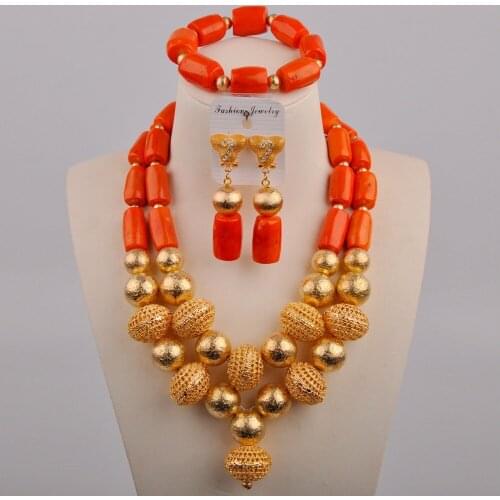African Jewelry Set New Designs 2 Layers Artificial Coral Beads Jewellery Set Gold Beaded Balls 3 Pieces
