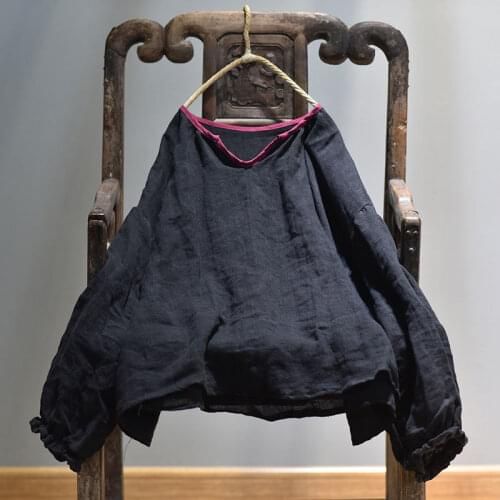 Women Spring 2020 Linen Blouse Ladies Vintage Solid Color Retro Lantern Sleeve Plus Size Shirt Tops Summer Flax Shirt