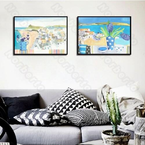 Childrens Drawing Picture Wall Murals Canvas Painting Poster Seaside Landscape with Buildings Plants for Living Room Decoration