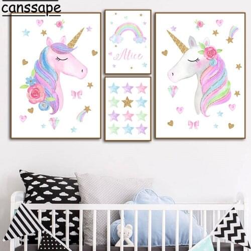 Nursery Wall Art Poster Custom Name Print Unicorn Posters Rainbow Prints Flower Painting Nordic Wall Pictures Kids Decoration