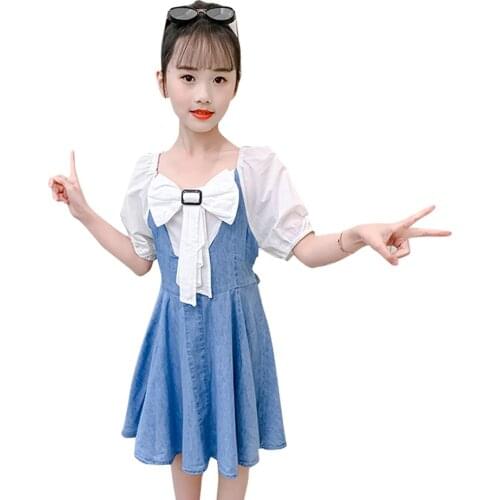 Girl Denim Dresses Big Bow Girl Party Dress Patchwork Kid Dress Teenage Girl Costume 6 8 10 12 14