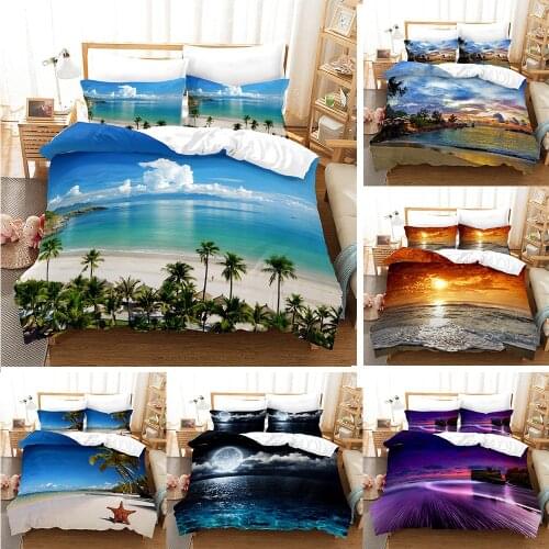 3D Print Beach Scenery Bedding Set King Size Duvet Cover Set Pillowcase Home Textiles Luxury Bedclothes Blue Bed Sets For Summer