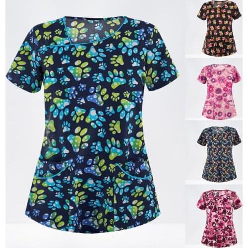 Colorful Print Nursing Scrubs Tops for Women Nursing Uniform Summer Workers Short Sleeve T-Shirt Plus Size M-3XL Nurse Uniform