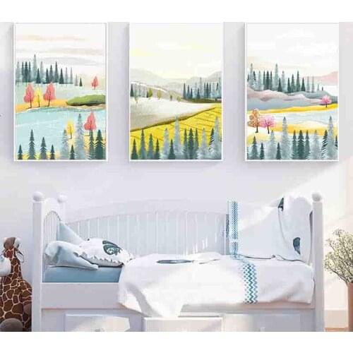 Nordic Landscape Canvas Paintings Cartoon Abstract River Forest Wall Posters Printings for Kids Room Wall Art Decoration