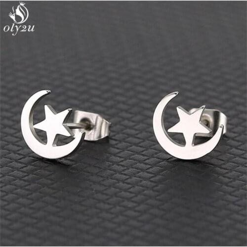 Oly2u Fashion Tiny Star Moon Earrings Romantic Jewelry for Women Simple Stainless Steel Ear Studs Kids Party Girlfriend Gifts
