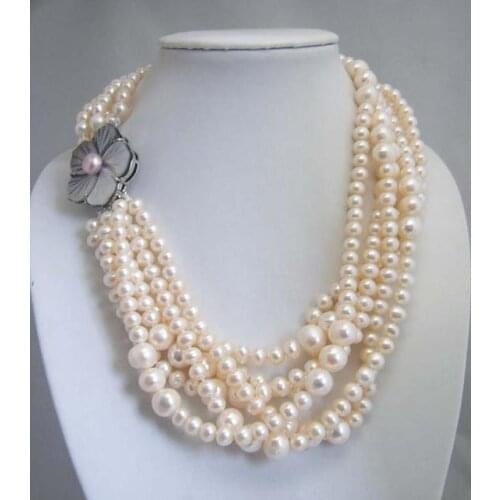 White Genuine Freshwater Pearl Necklace Shell Flowe Clasp Holiday Party Summer Jewelry Bridesmaid Gift Multi-Strand Necklace