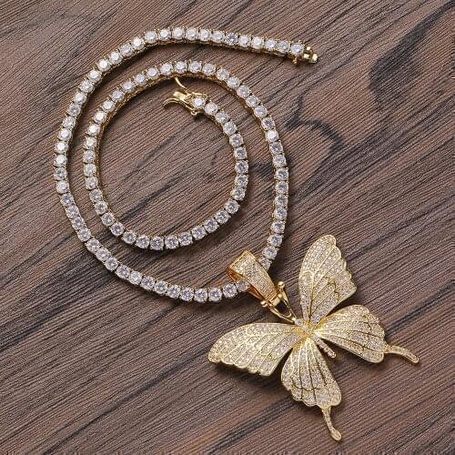 Hip Hop Micro Paved CZ Stone Iced Out Bling Butterfly Pendants Necklace for Women Men With Tennis Chain Rapper Jewelry Gifts