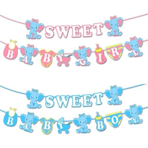 Sweet Baby Boy Girl Banner Elephant Birthday Flags Baby Shower Party Background Wall Decor Paper Banners Gender Reveal Party