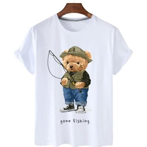 100% Cotton Fishing Leisure Bear O-neck Loose Top Short-sleeved T-shirt Mens Plus Size T-shirt Mens And Womens Tops S-3xl