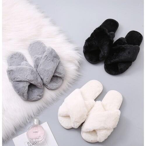 Warm Faux Fur Crossed Indoor Slippers Women House Floor Slides Open Toe Plus Size Ladies Flat Shoes Female Furry Slipper SH442