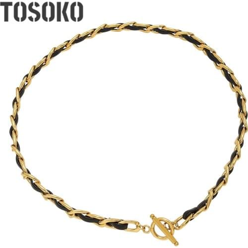 TOSOKO Stainless Steel Jewelry Leather Rope Woven Chain Design OT Buckle Necklace Bracelet Set BSP047-BSE271