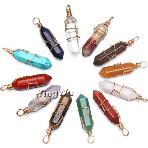 Yingwu Natural Quartz Pendant Stone Hexagonal Pillar Pendants Tiger Eye Pendant For Necklace