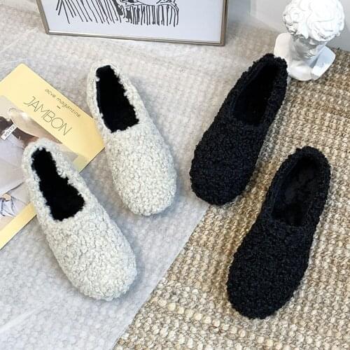 2019 winter fur shoes Peas shoes female plus velvet warm round head flat pedals cotton shoes scoop shoes single shoes U16-16