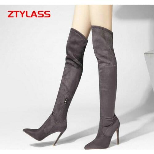 Stretch Women Boots Autumn Winter Faux Suede Over The Knee Boots Zipper Thin High Heel Long Boots Ladies Pointed Toe Thigh Boots