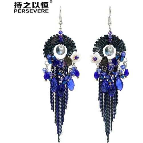 Chic Handmade Metal chain Crystal Beaded dangling Long Tassel Earrings For Women bohemian ladies wedding Party boho jewelry