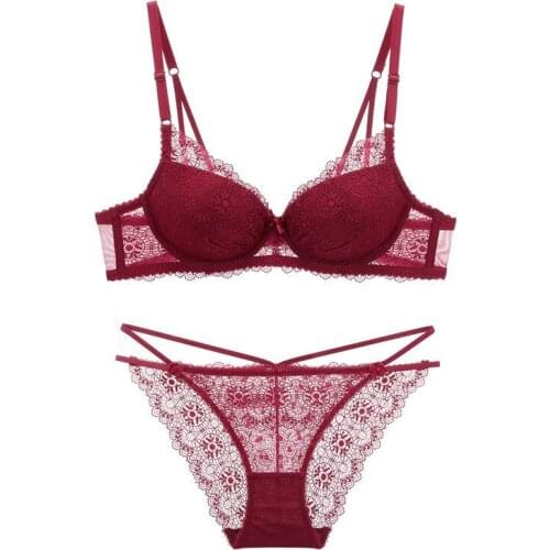 Womens Deep V Bra Sexy Lace Gathering Bra Thin Underwear Set Bra and Underwear Set Transparent Bra Lingerie Femme