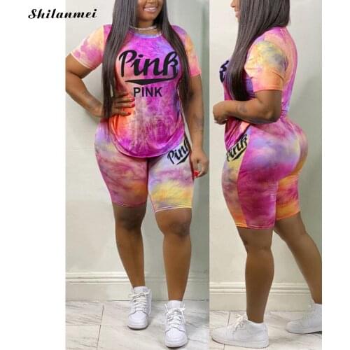 Plus Size Pink Letter Print Two Piece Set Women Tracksuit Female Outfits Tie Dye Short Sleeve Top And Shorts Matching Sets 3XL