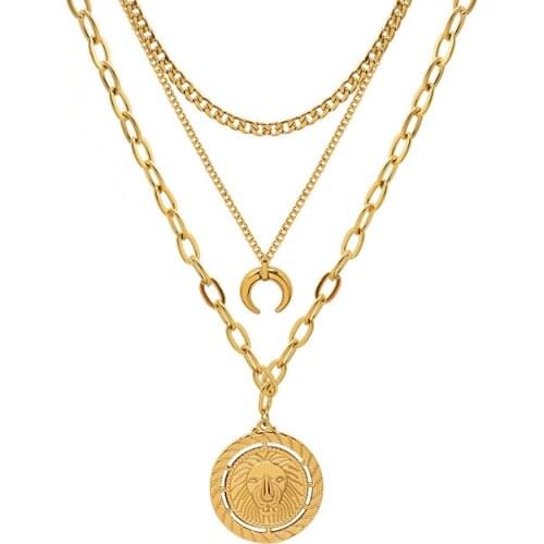 Vintage Multilayer Stainless Steel Necklaces For Women Moon Lion Pendant Layered Clavicle Chain Choker Necklaces Fashion Jewelry