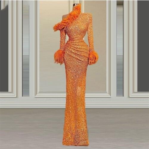 Feather Beads Fashion Mermaid Prom Dresses Sequins Floor Length Evening Dress Custom Made Long Sleeves Party Gown