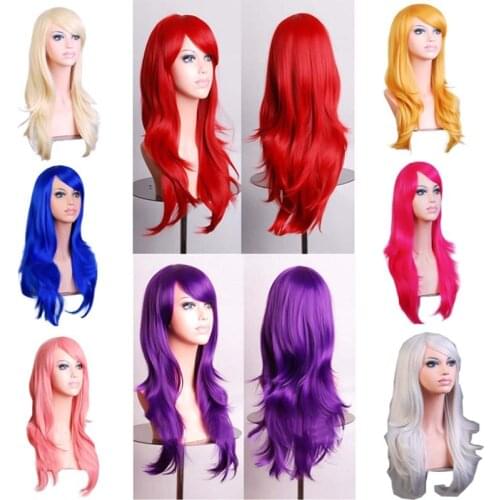 70cm Curly Long Blue Cosplay Wig Synthetic Hair Pink Black Wigs for African Americans Women Fake Hairpieces