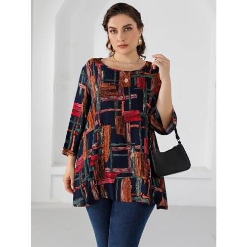 4XL 5XL Plus Size Blouse Women 2021 Autumn Three Quarter Sleeve Colorful Print Casual Long Blouse Loose Oversized Ladies Tops
