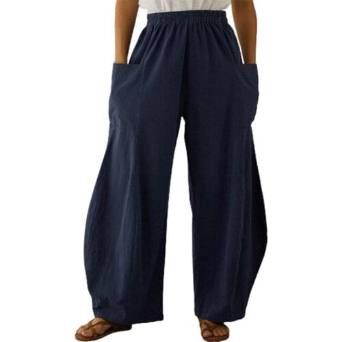 Summer femme Pants Fashion Wide Leg Large Pockets Women Elastic Waistband Solid Color Loose Slacks Trousers ropa mujer 2021