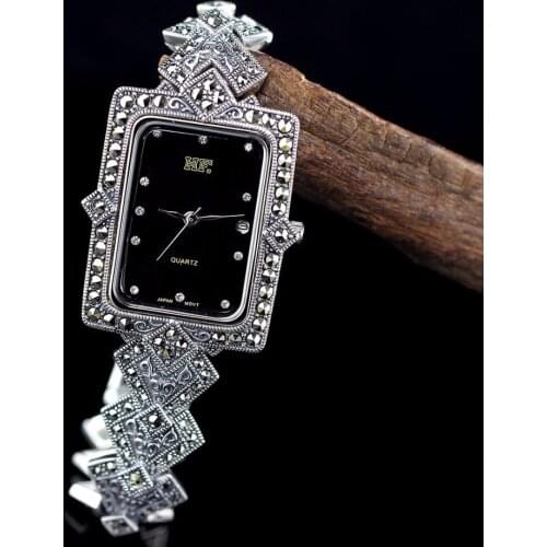 Hot Sale Top Quality Classic Thai Silver HF Bracelet Watch S925 Silver Bracelet Marseille Stone Retro Rectangular Dial Watch