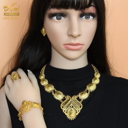 Dubai Bride Necklace African Gold Jewelry Set For Women 24k Ethiopian Wedding Luxury Jewellery Nigerian Earrings Jewelry Gift
