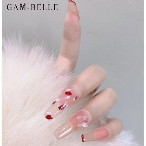 GAM-BELLE 3D Butterfly Designs Fake Nails Clear Red White Graffiti Pattern Detachable Artificial Press On Nails Accessories
