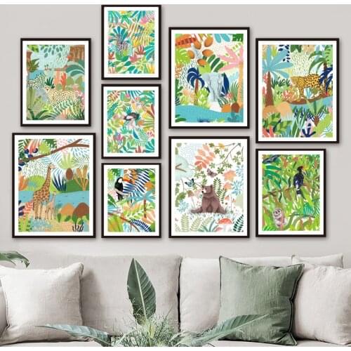 Illustration Leaf Elephant Cheetah Giraffe Bear Wall Art Canvas Painting Nordic Posters And Prints Wall Pictures Kids Room Decor