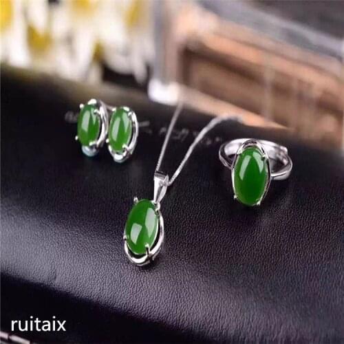 KJJEAXCMY boutique jewels 925 pure silver inlaid natural hetian jasper ring + necklace + pendant set sunflowers simple jewel