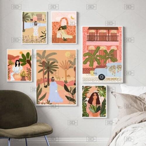 Colorful Boho Wall Art Tropical Plants Girl Flower Dress Posters and Prints Camel Canvas Painting Pictures for Living Room Decor