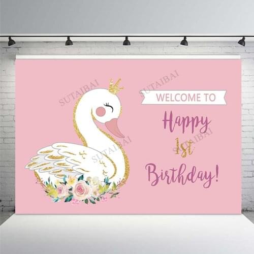 Swan Flower Golden Crown Theme Photography Backdrop Newborn Happy 1st Birthday Baby Shower Party Photo Background Photo Studio