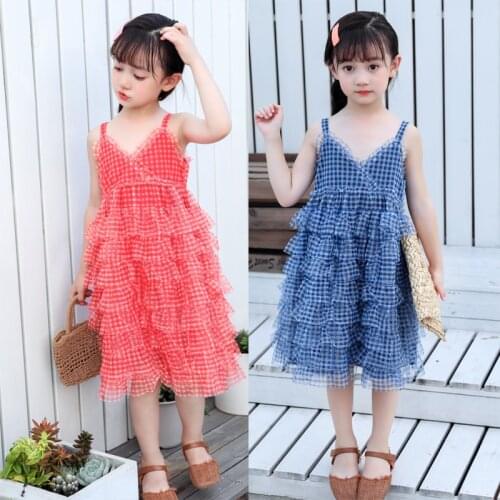 Baby Girls Summer Dress Children Red Sleeveless Plaid Cake Princess Dresses Party Ball Strape Dress Toddler Kids Outfit Clothing