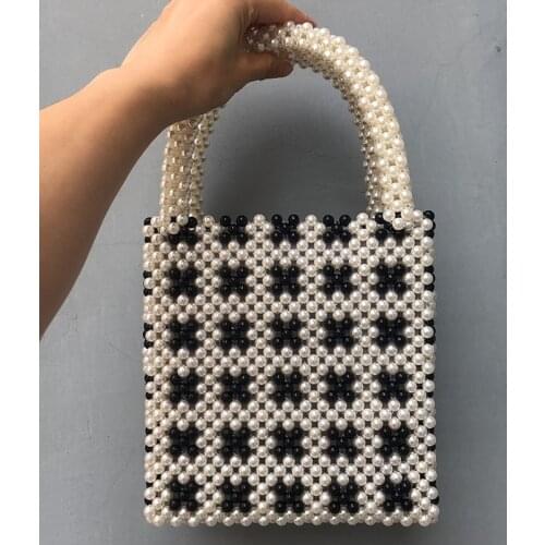 2021 Fashion Trend Female Bag Design Black and White Plaid Bag Plum Blossom Pearl Handbag Handmade Paris Style Beaded Bag
