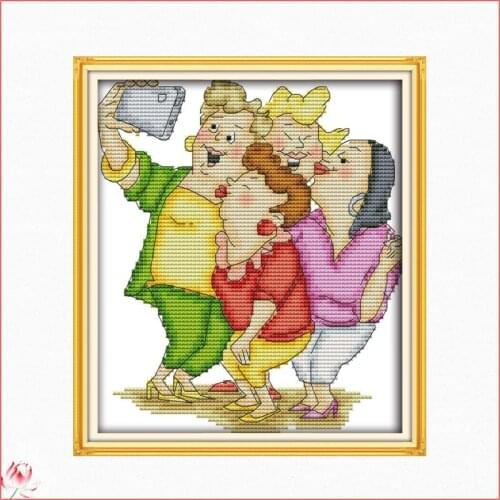 Joy Sunday Funny Family Selfie Counted 11CT 14CT Cross Stitch Set DIY Counted Cross-stitch Kit Embroidery Needlework Home Deco