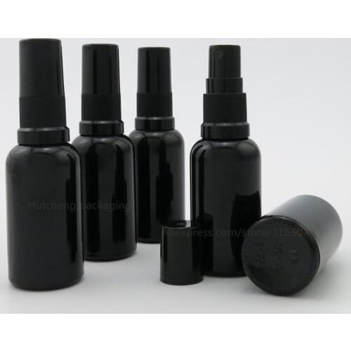 New Arrival !! 200 x 30ml Shining Black Glass Essential Oil Bottle With Black Mist Sprayer Over cap 1oz Black Glass Containers