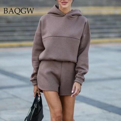 Autumn Fleece Tracksuit Womens Suit 2 Pieces Set Hooded Long Sleeve Hoodies and Shorts Female Sets Winter Casual Ladies Suits