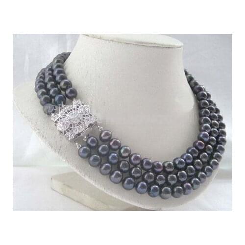 Zircon clasp - AAA 17-19" 3row 8-9mm black round freshwater pearl necklace