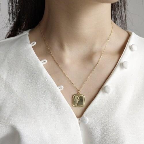 Authentic 925 Sterling silver Gold Square Geometric Face Art Pendant necklace Gift FINE jewelry X144