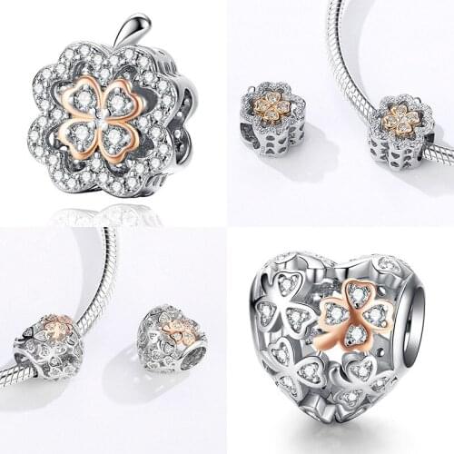 Fit Europe Bracelet Silver 925 Original White CZ Clover Bow Heart Beads S925 Zircon Flower Apple Charms for 2019 Jewelry Making