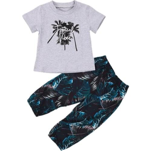 2Pcs Baby Boys Casual Clothes Sets Short Sleeve Pullover T-shirt Coconut Tree Print Loose Pants