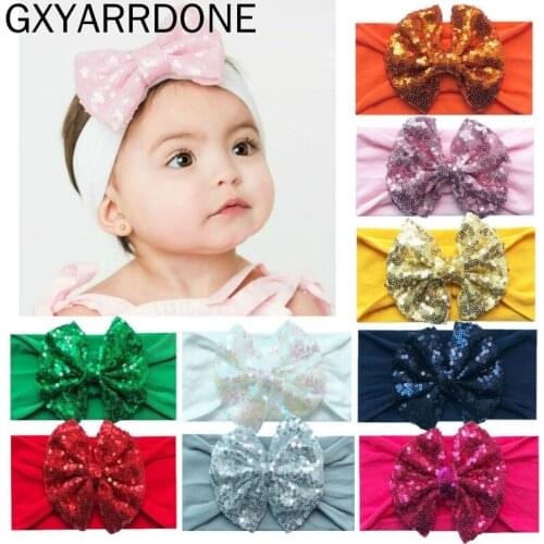 2020 New Girls Big Sequin Bow Headbands For Girls Fashion Solid Elastic Hair Bands Spring Glitter Hair Bows Hair Accessories